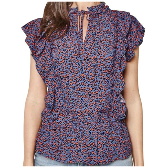 Emmer and Oat Top Womens L Wild Thing Leopard Print Ruffle Blouse Shirt EUC - Picture 2 of 9